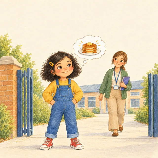 Noor bij het schoolhek denkt aan het wachtwoord pannenkoek