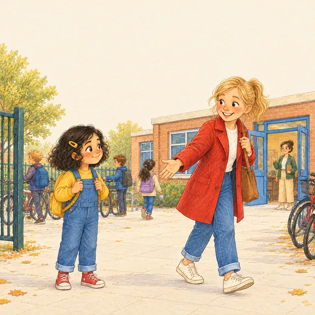 Een vrouw bij het schoolhek spreekt Noor aan